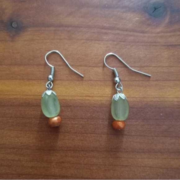 Artisan Green And Orange Beaded Drop Dangle Earrings - Picture 3 of 4